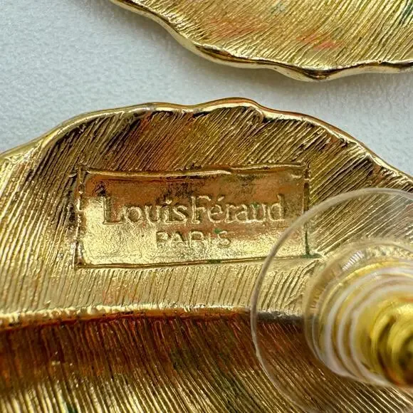 Vintage Louis Feraud Leaf Paris Earrings Gold Tone Chic Fall Autumn Luxe Signed - Picture 5 of 8